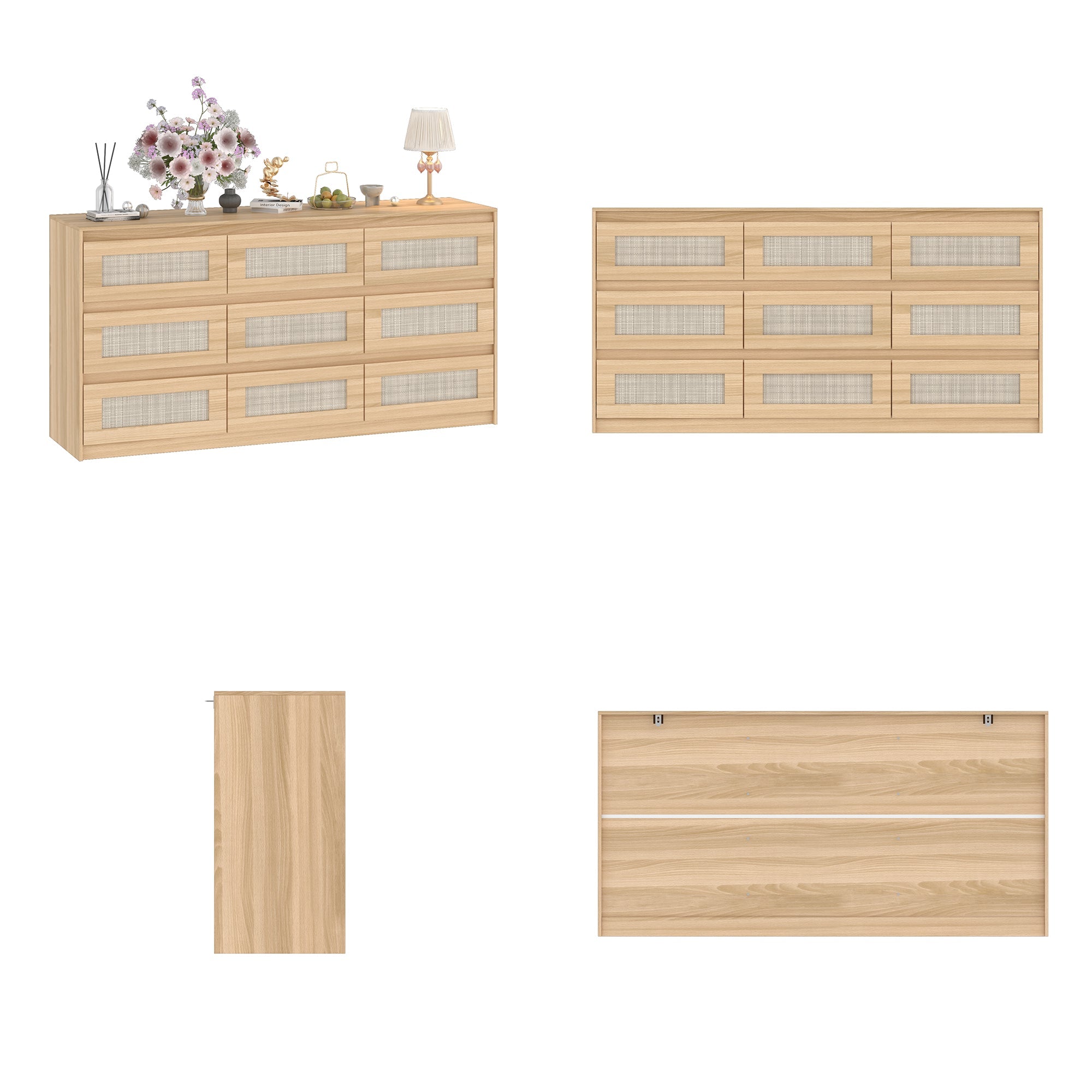 62.9" Wide 9 Drawers Medium Wood Dresser