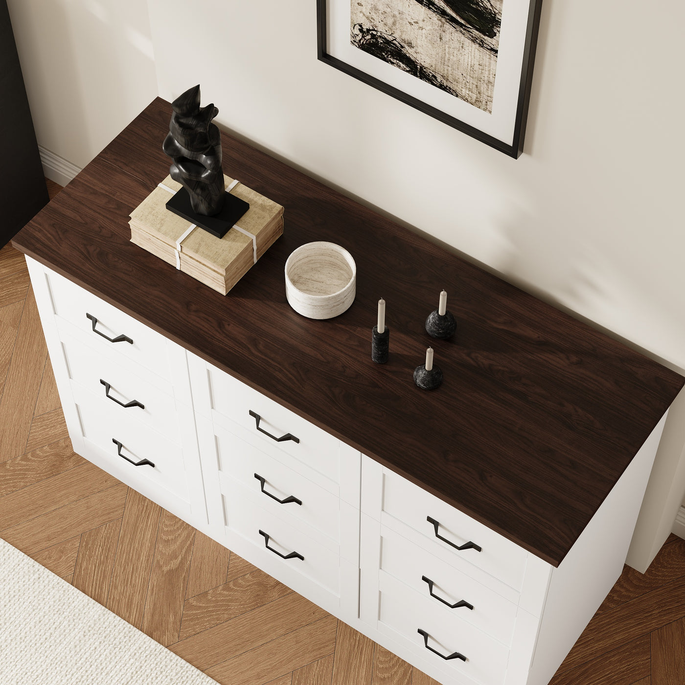 63" Modern White TV Stand Dresser with Hidden TV Lift & 9 Drawers