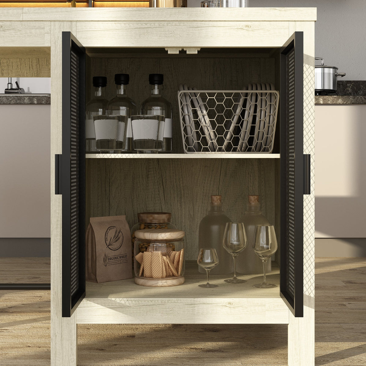 63" Industrial Natural Kitchen Island With Black Glass Door Storage Cabinets