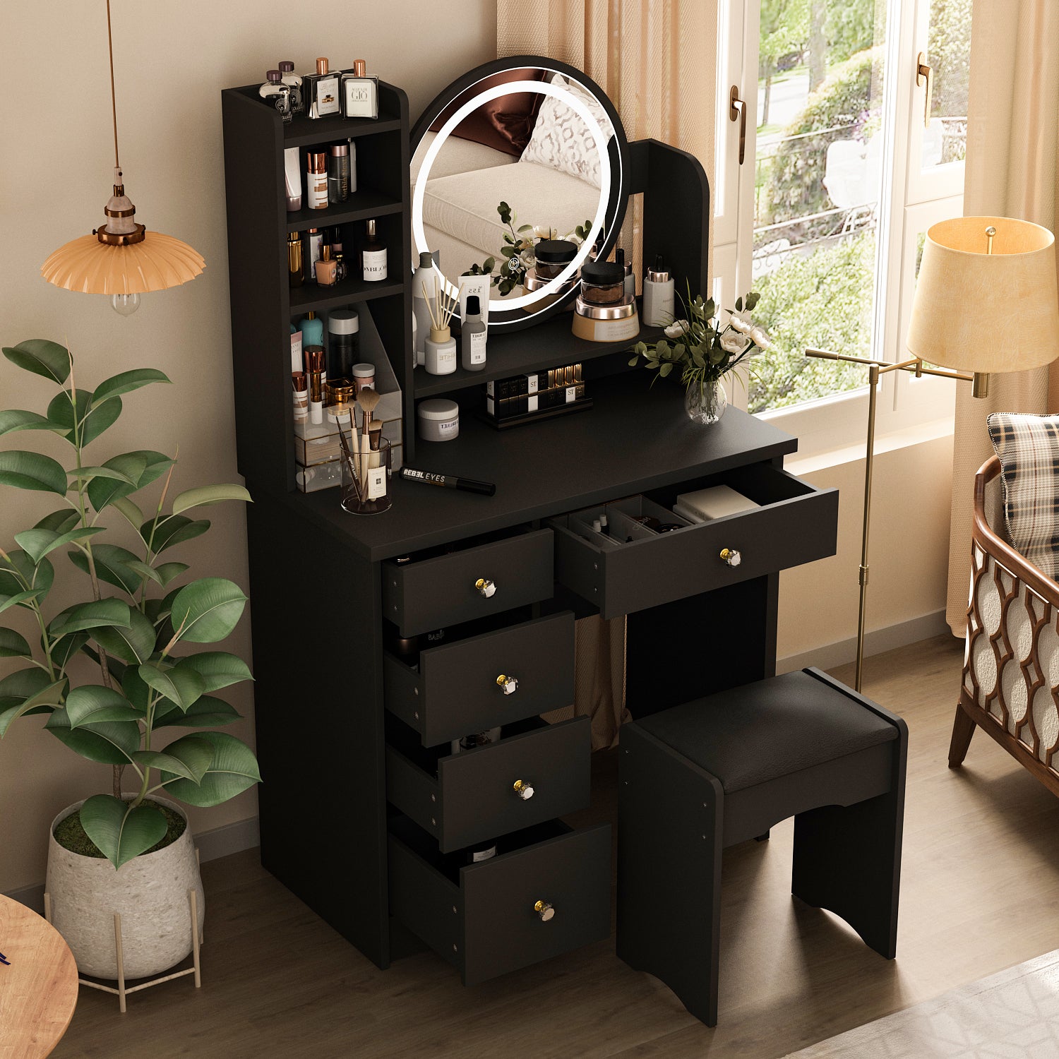 Makeup Vanity Set Dresser Desk with 5 Drawers and Display Shelves ...