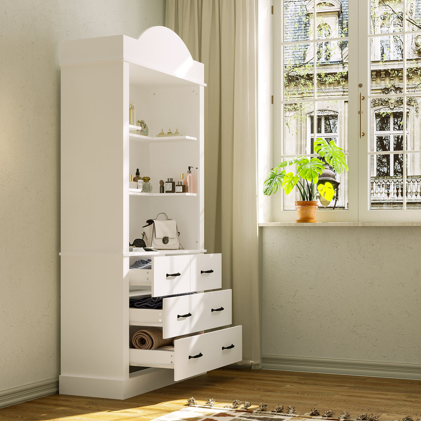 White storage unit with shelves and drawers in a room with a window and plant.