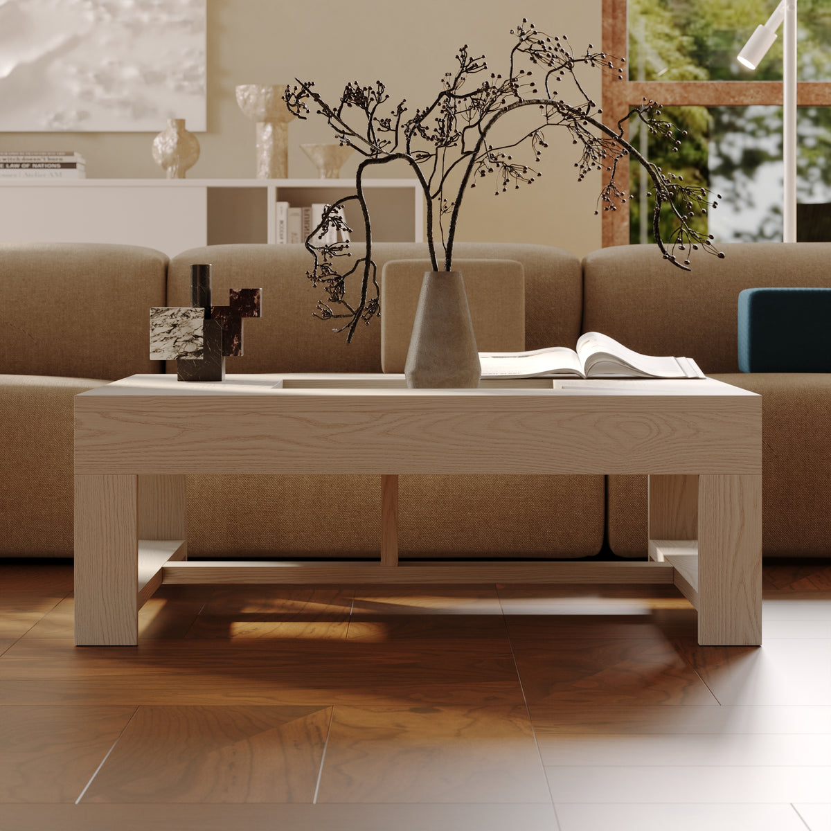 43.3 inch Modern Gray Square Coffee Table with Fluted Design