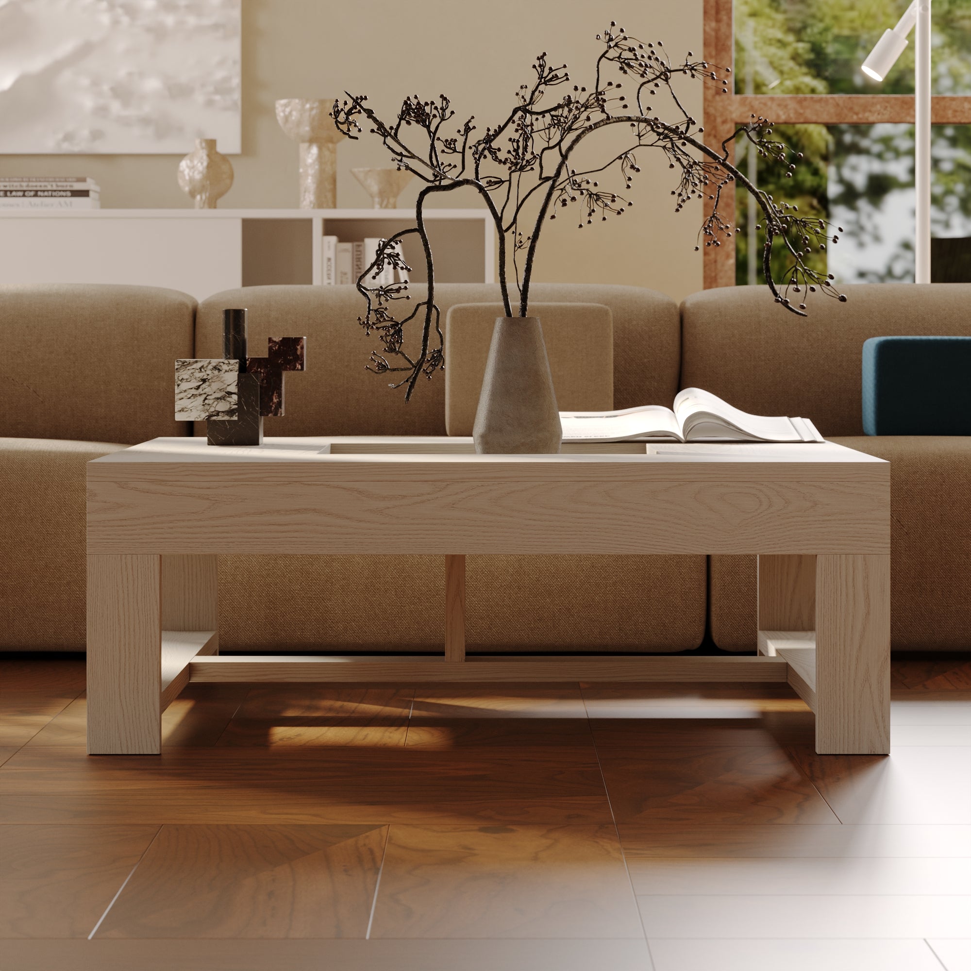 43.3'' Square Coffee Table With Groove Design-Sleek Design Meets Practical Functionality