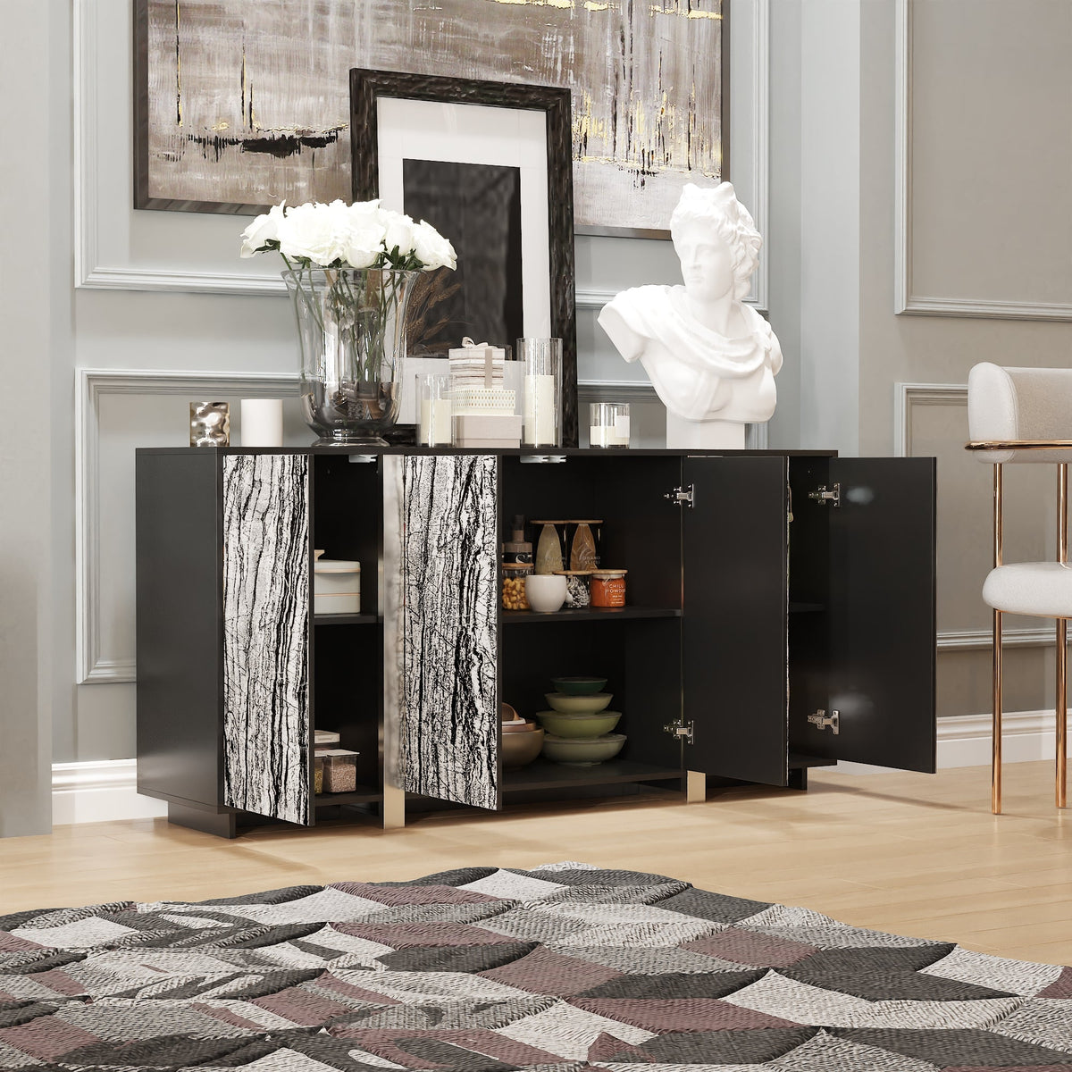 63" Modern Industrial Accent Cabinet With Stone-Patterned Glass Doors