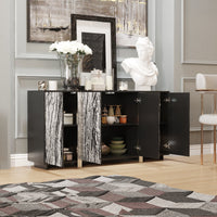 63" Modern Industrial Accent Cabinet With Stone-Patterned Glass Doors