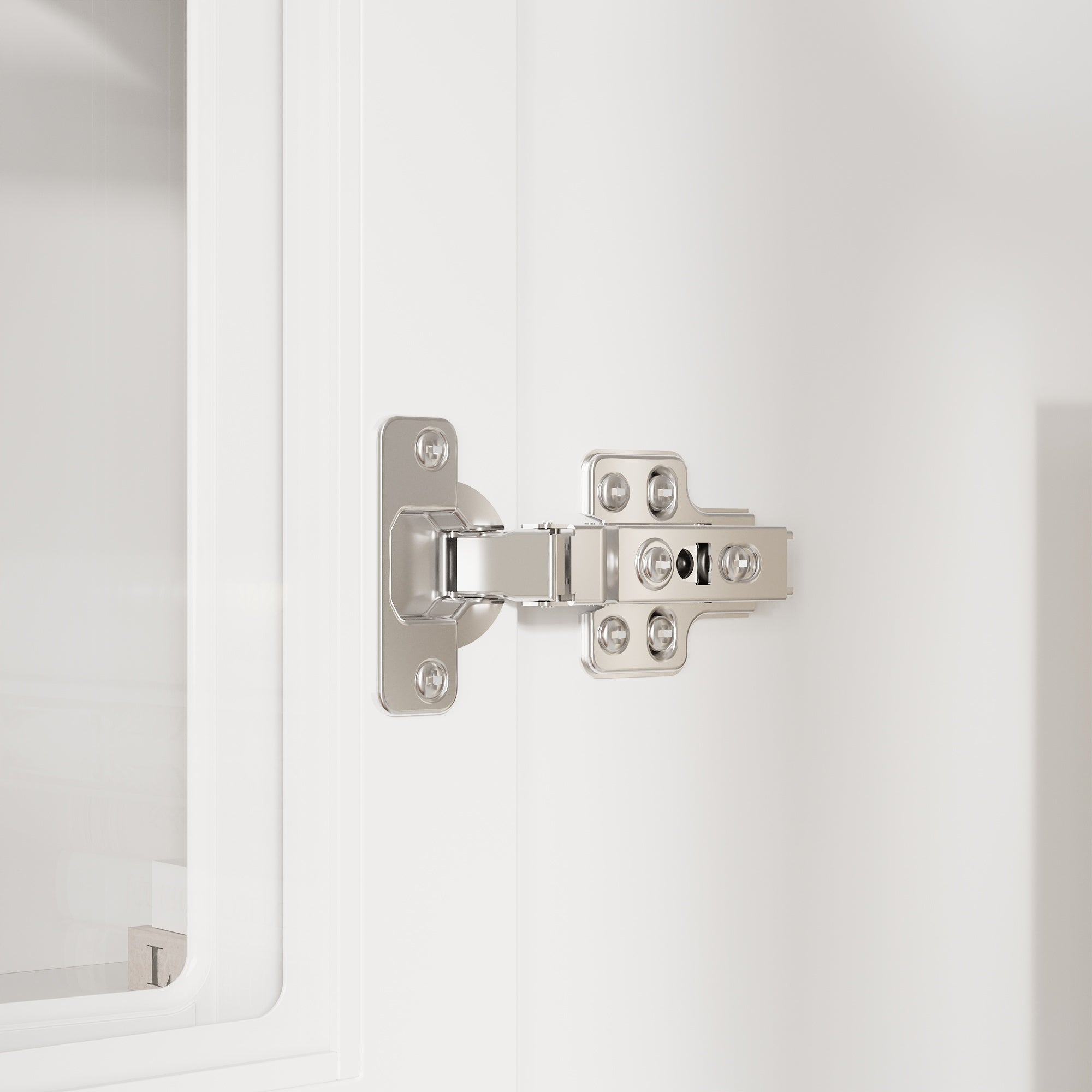 White bookcase set with glass doors, lower cabinets, and center open shelves