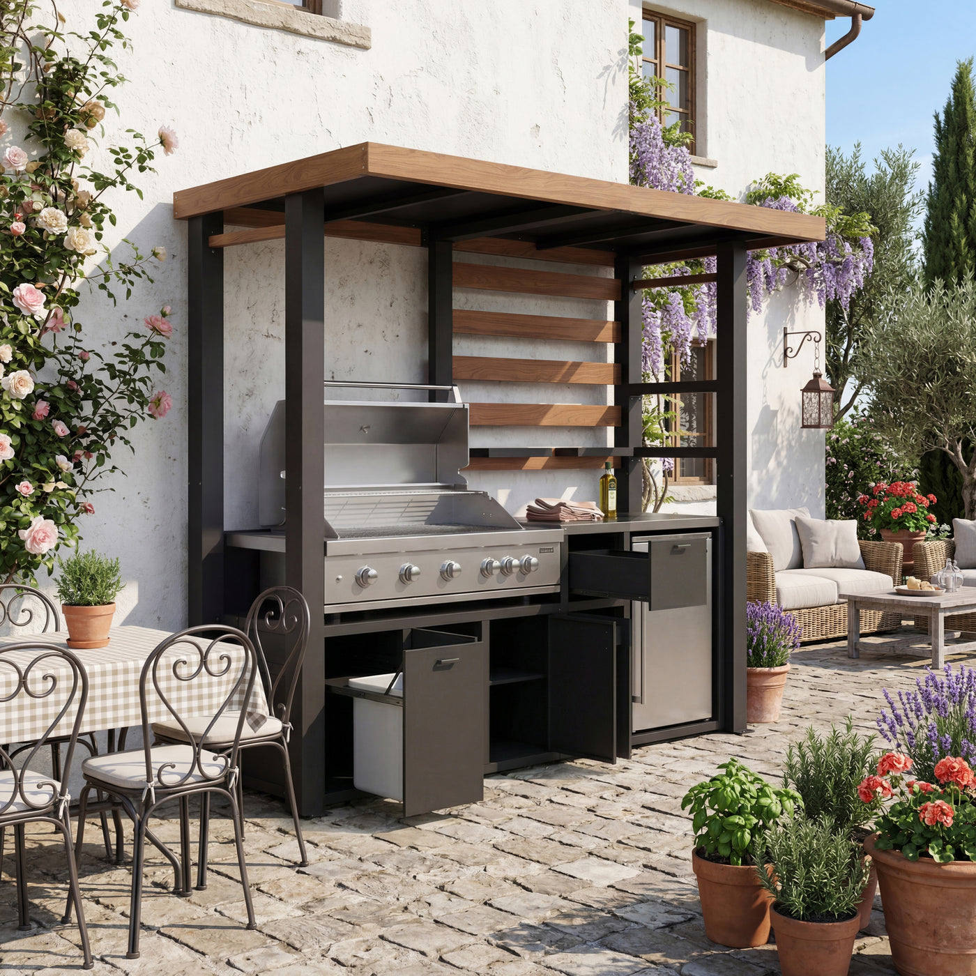 Outdoor kitchen with grill and cabinets on a patio area with chairs and flowers.