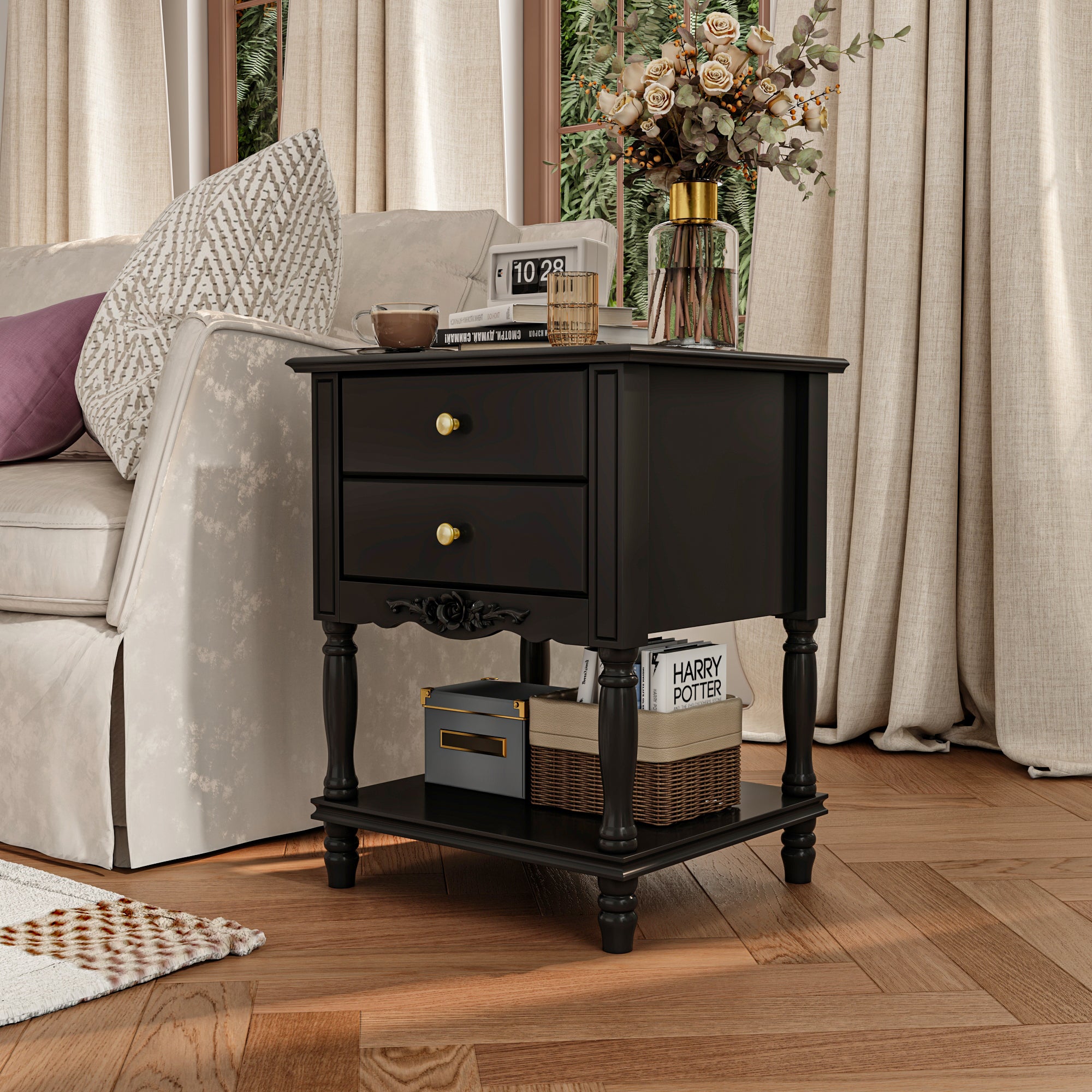 End Table Side Table Bedroom Night Stand Bedside Embossed Table with 2 Drawers & Open Shelf