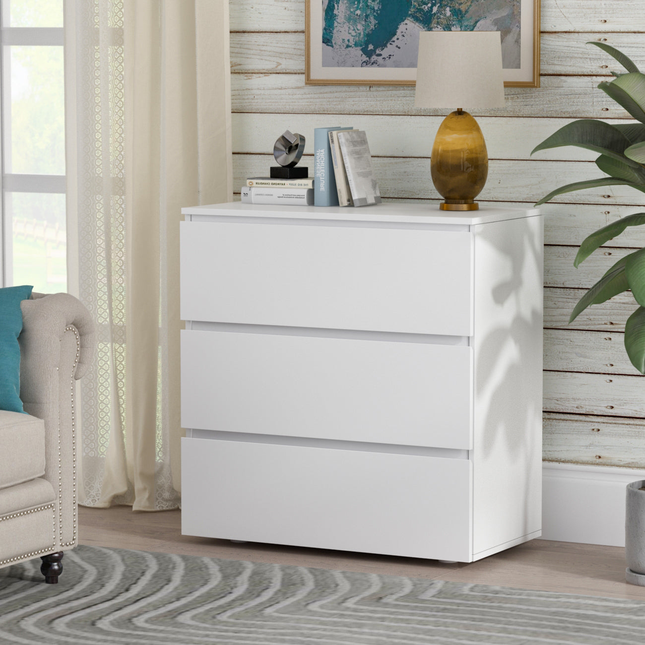 Chest Table Storage White Sideboard with 3 Drawers No-Handle Organizer