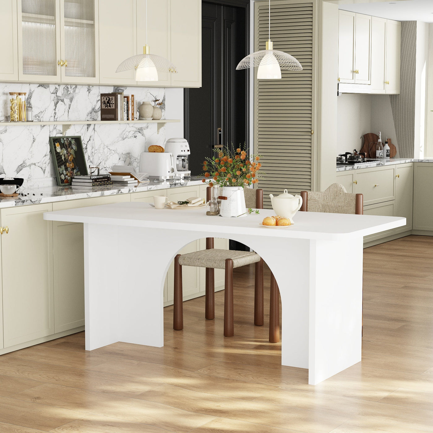 74.8" Modern Minimalist White Dining Table With Arched, Openwork Legs