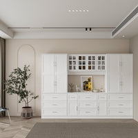 110.2" Modern White Bookcase with 11 Drawers and Glass Doors