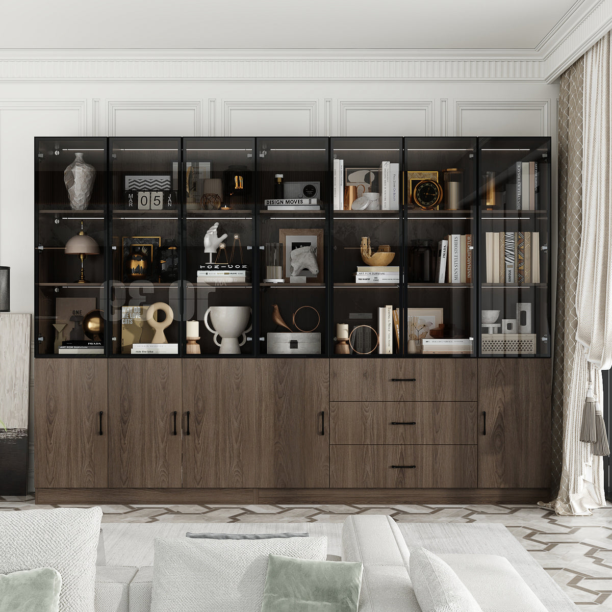 110.2 inch Modern Glass Doors Display Case with LED Lights and Drawers