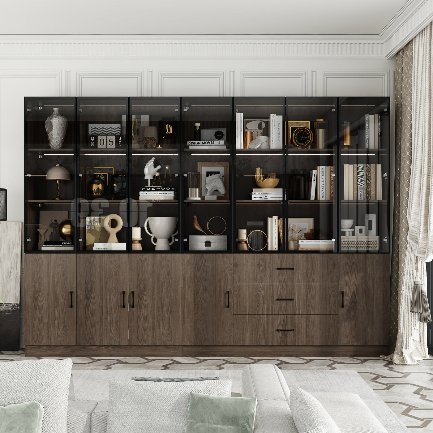 Geyma 110.2" Modern Glass Doors Display Case with LED Lights and Drawers