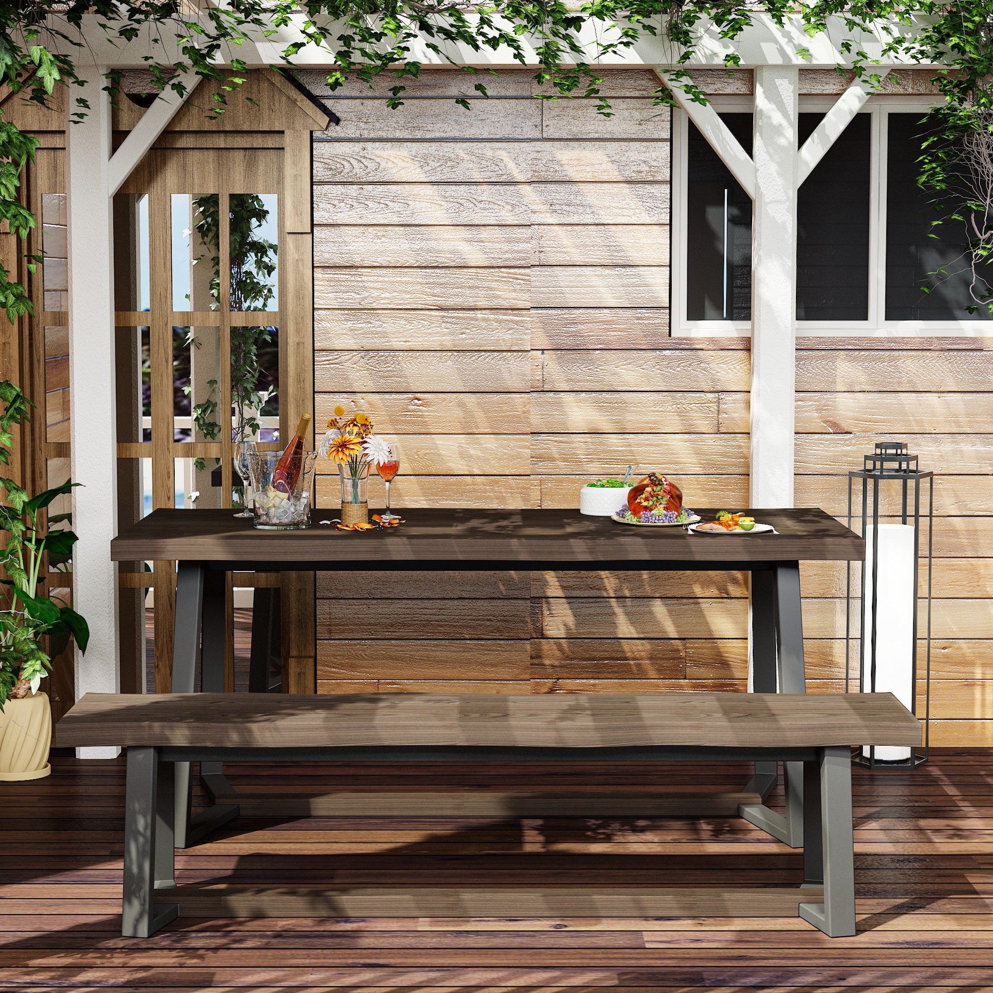 Wood Patio Dining Set with Bench