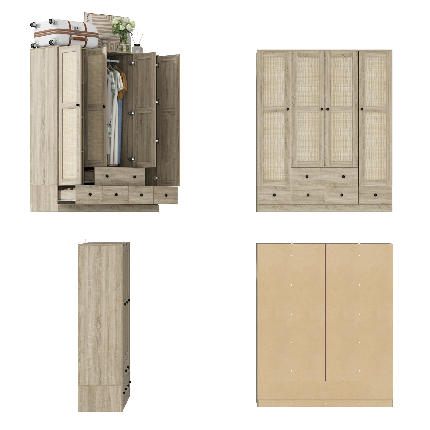 63" Rustic 4-Door Wardrobe Armoire with Rattan Paneling, 6 Drawers & 2 Hanging Rods