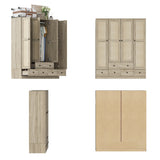 63 inch Rustic 4-Door Wardrobe Armoire with Rattan Paneling, 6 Drawers & 2 Hanging Rods