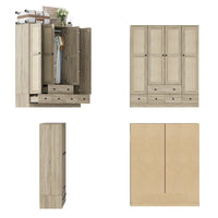 63" Rustic 4-Door Wardrobe Armoire with Rattan Paneling, 6 Drawers & 2 Hanging Rods