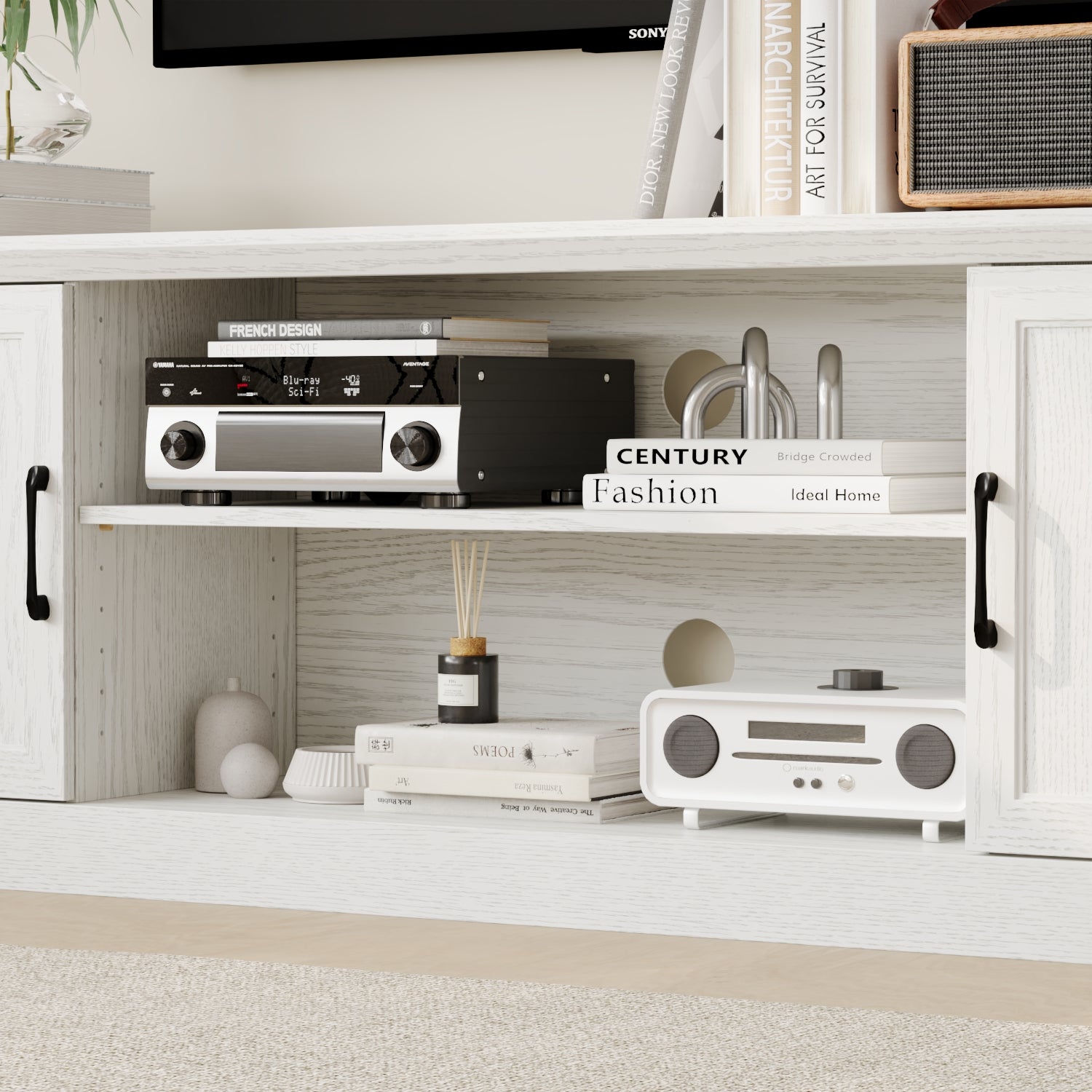 70.9" TV Stand With Adjustable Center Shelf, Black Metal Handles, And Dual Side Cabinets