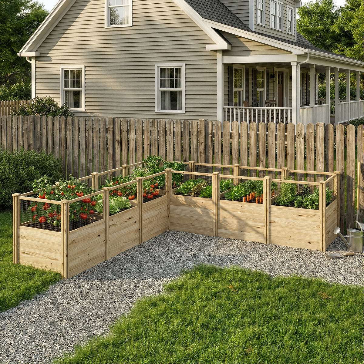 Wooden raised garden beds with plants in front of a house