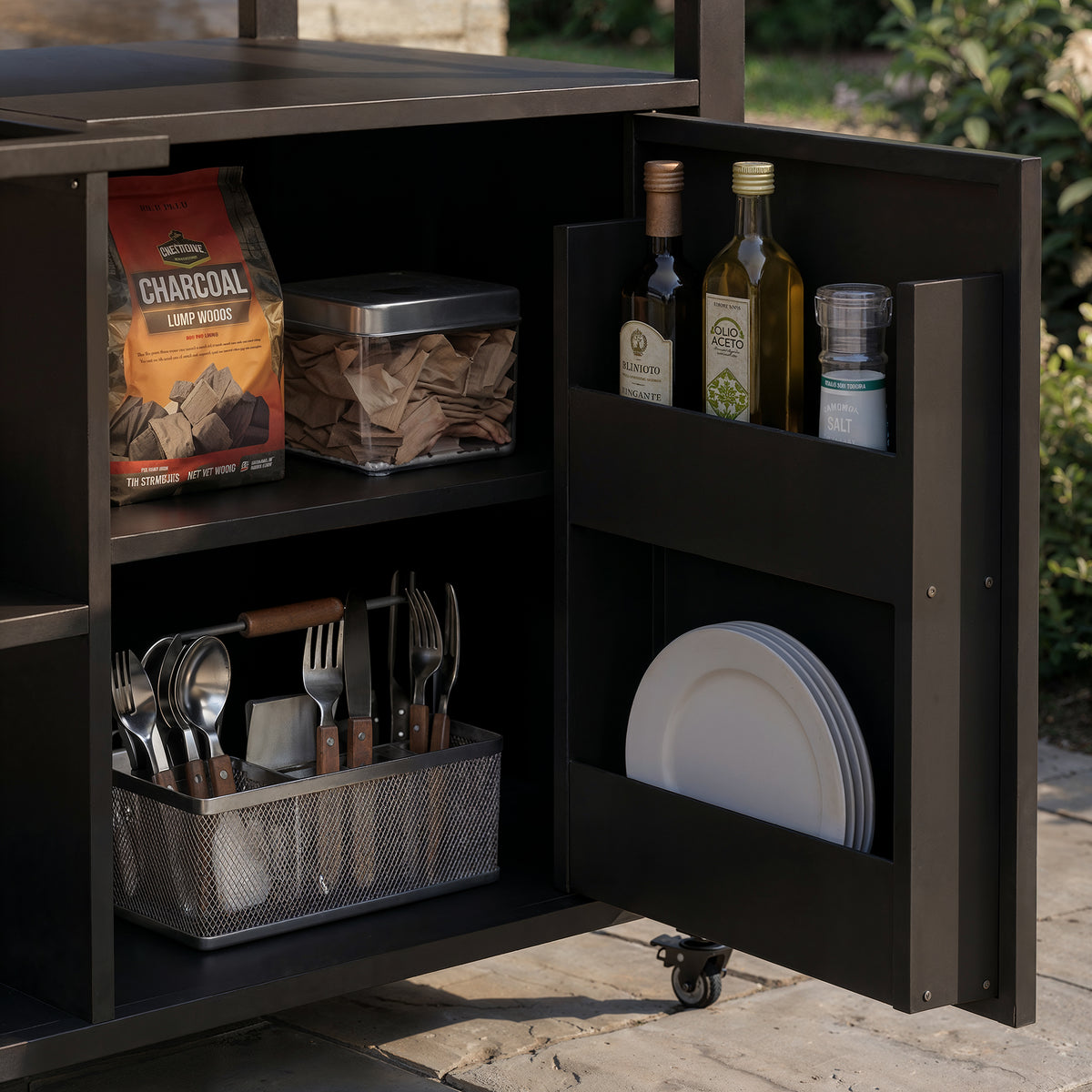 Black outdoor kitchen island cart with side shelf, storage cabinet, sink, and wheels