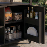 Black outdoor kitchen island cart with side shelf, storage cabinet, sink, and wheels