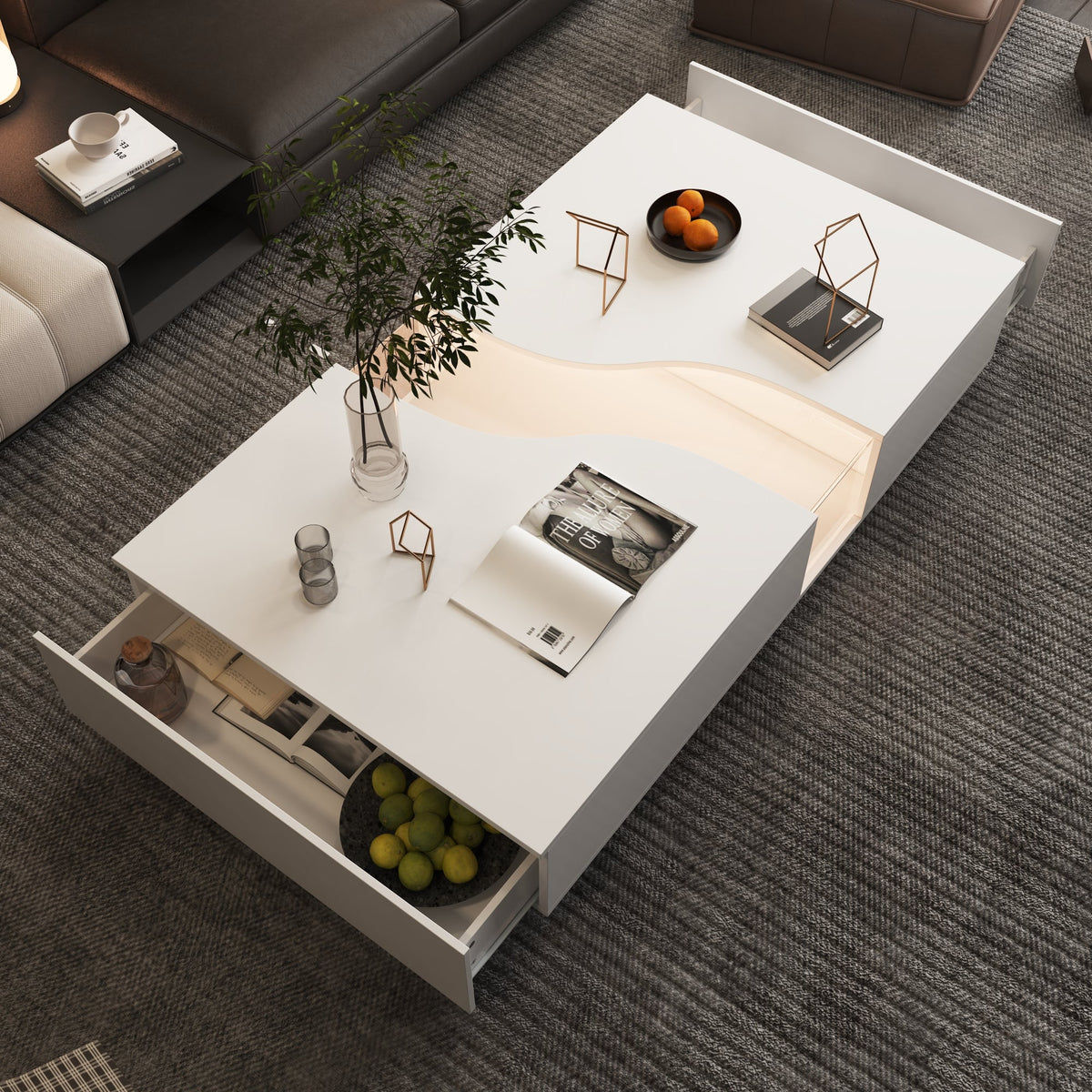 55.1" Modern White Coffee Table with Dual-Sided Drawers and Lighted Glass Center
