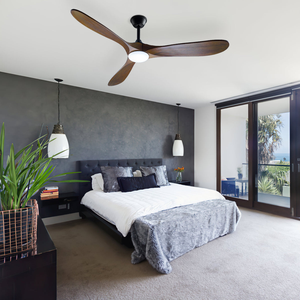 59.8" Modern Minimalist Ceiling Fan with Lights, Remote Control, 3 Reversible Wood Blades and 2 Down Rods
