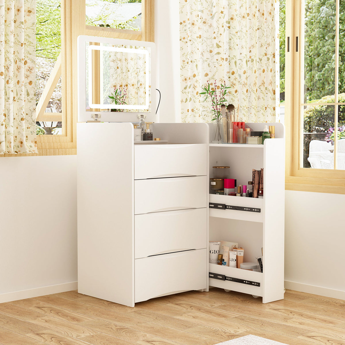 24.1" Modern White 3 Drawers Flip Top Makeup Vanity Table with Storage Stool