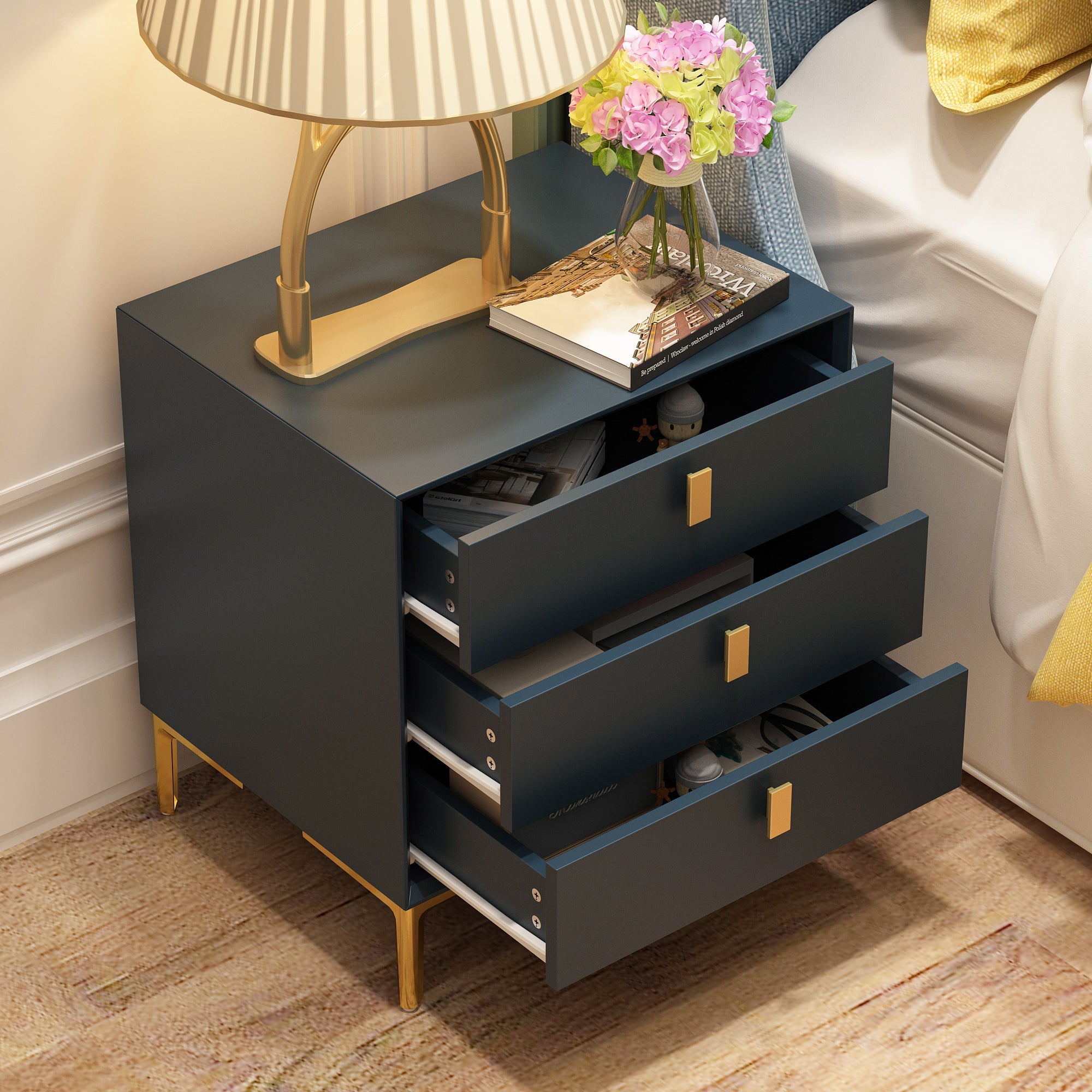 Nightstand Dresser Black End Table in Gold Metal Legs with 3 Drawers
