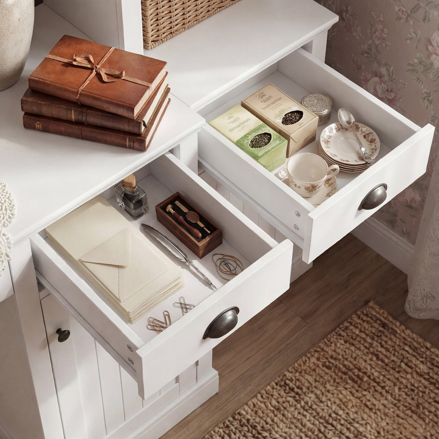 88.5" White 4-Piece Modular Entertainment Wall Unit with Writing Desk, Open Bookcase Shelves & Closed Storage Cabinets