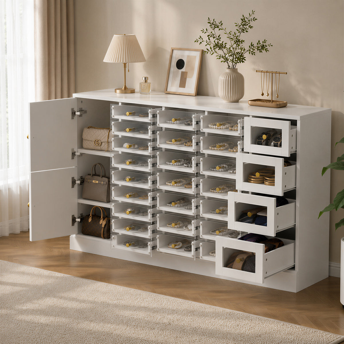 59" Modern White 25-Drawer Dresser with Glossy Acrylic Fronts, 2 Storage Cabinets and Anti-Tip Design
