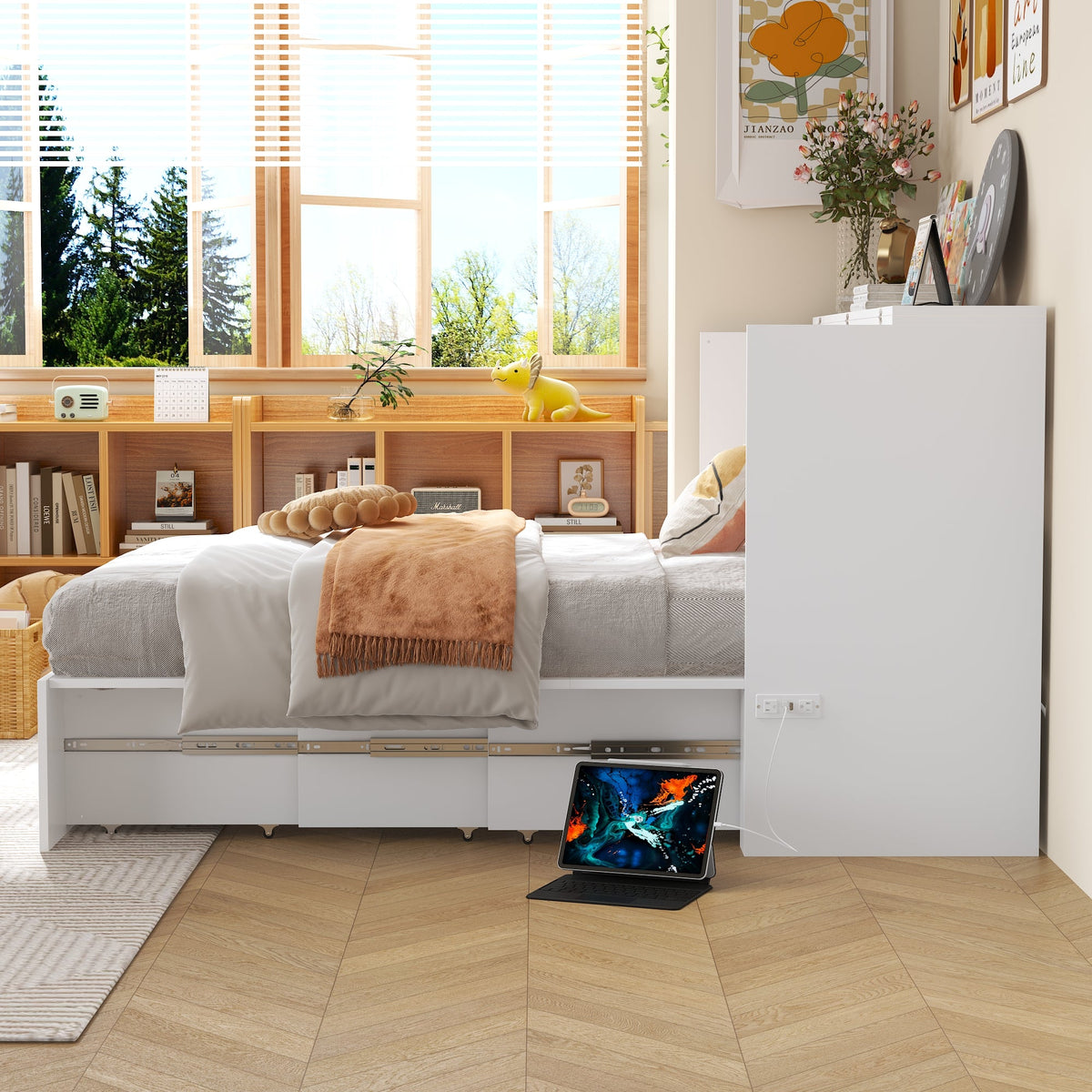 61.8" Modern Minimalist White Fold Out Bed with Power Outlets