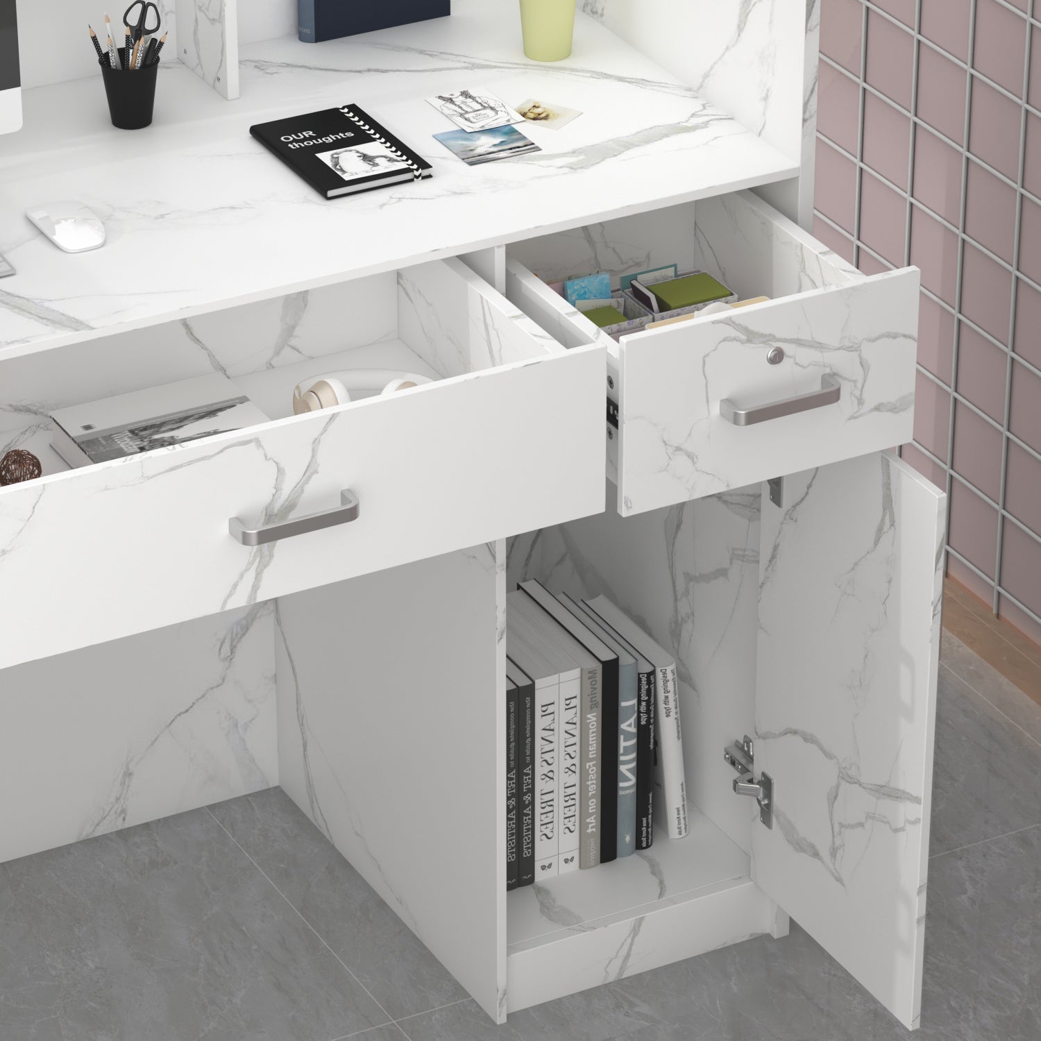 Modern Wooden Reception Desk Computer Table with Filing Cabinet Lockable Storage 47"W