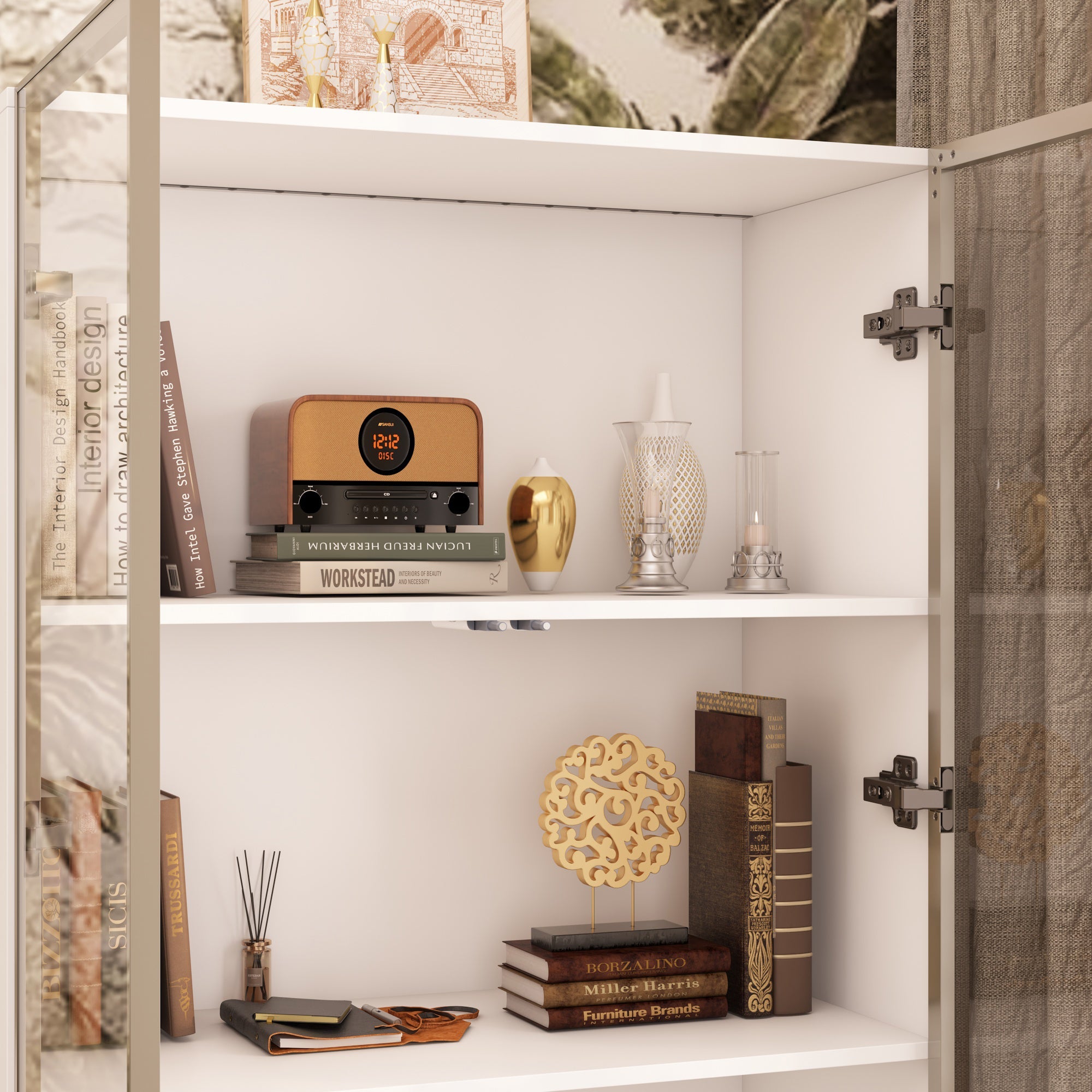 Display Cabinet Bookcase with Lights and Glass Doors