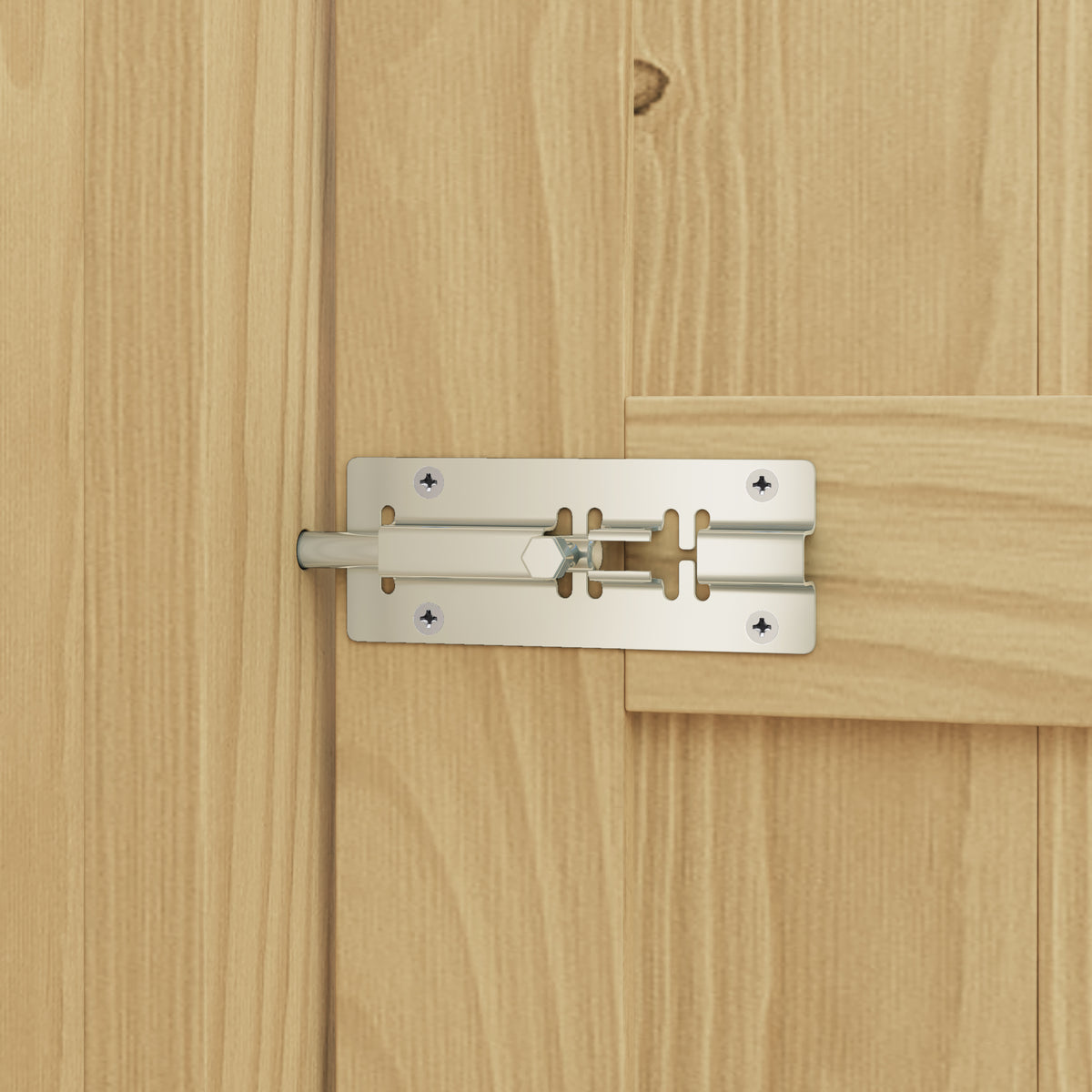 Metal door latch on a wooden door