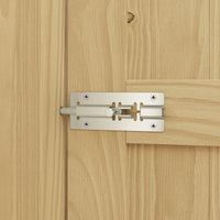 Metal door latch on a wooden door
