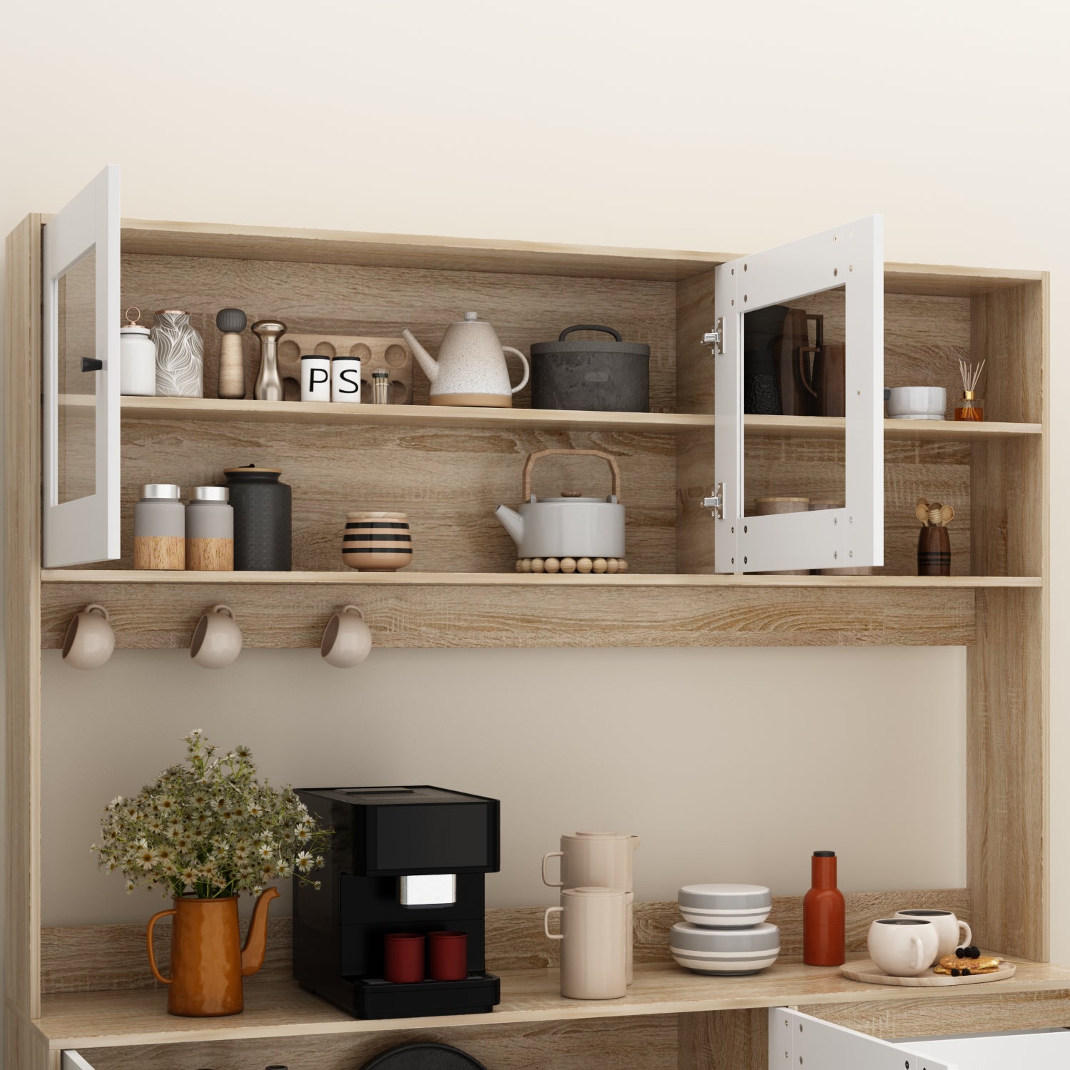 Storage Sideboard Cabinet Cupboard with Drawers and Glass Doors for Kitchen Organization
