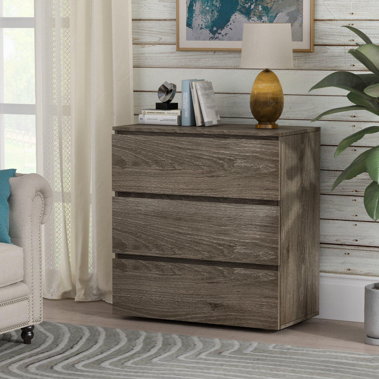 Chest Table Storage White Sideboard with 3 Drawers No-Handle Organizer