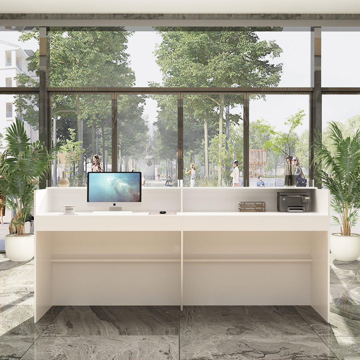86.6" Contemporary White Reception Desk With Solid And Manufactured Wood