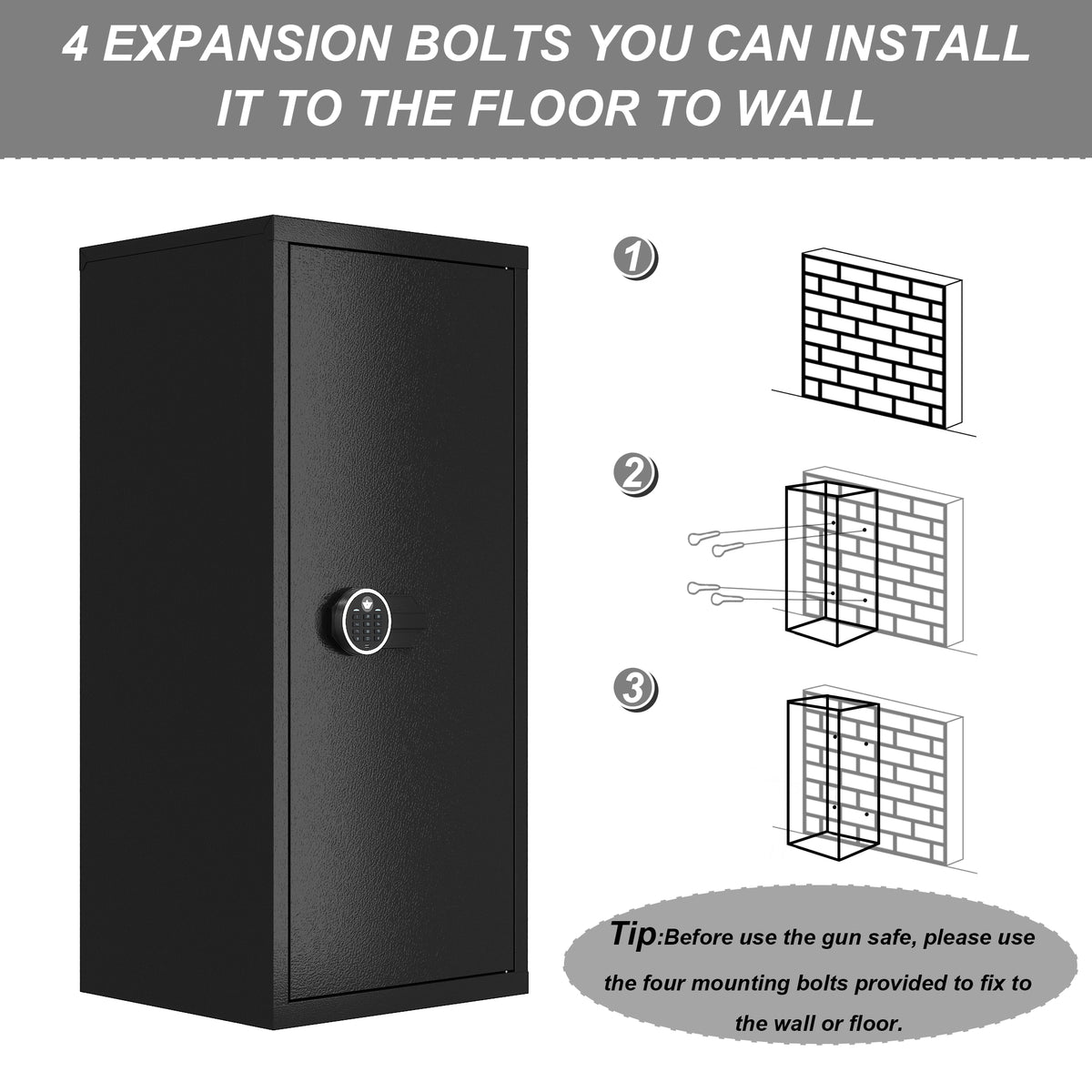 62" Modern Black Gun Safe Storage Cabinet with Sensor Light and Pistol Rack