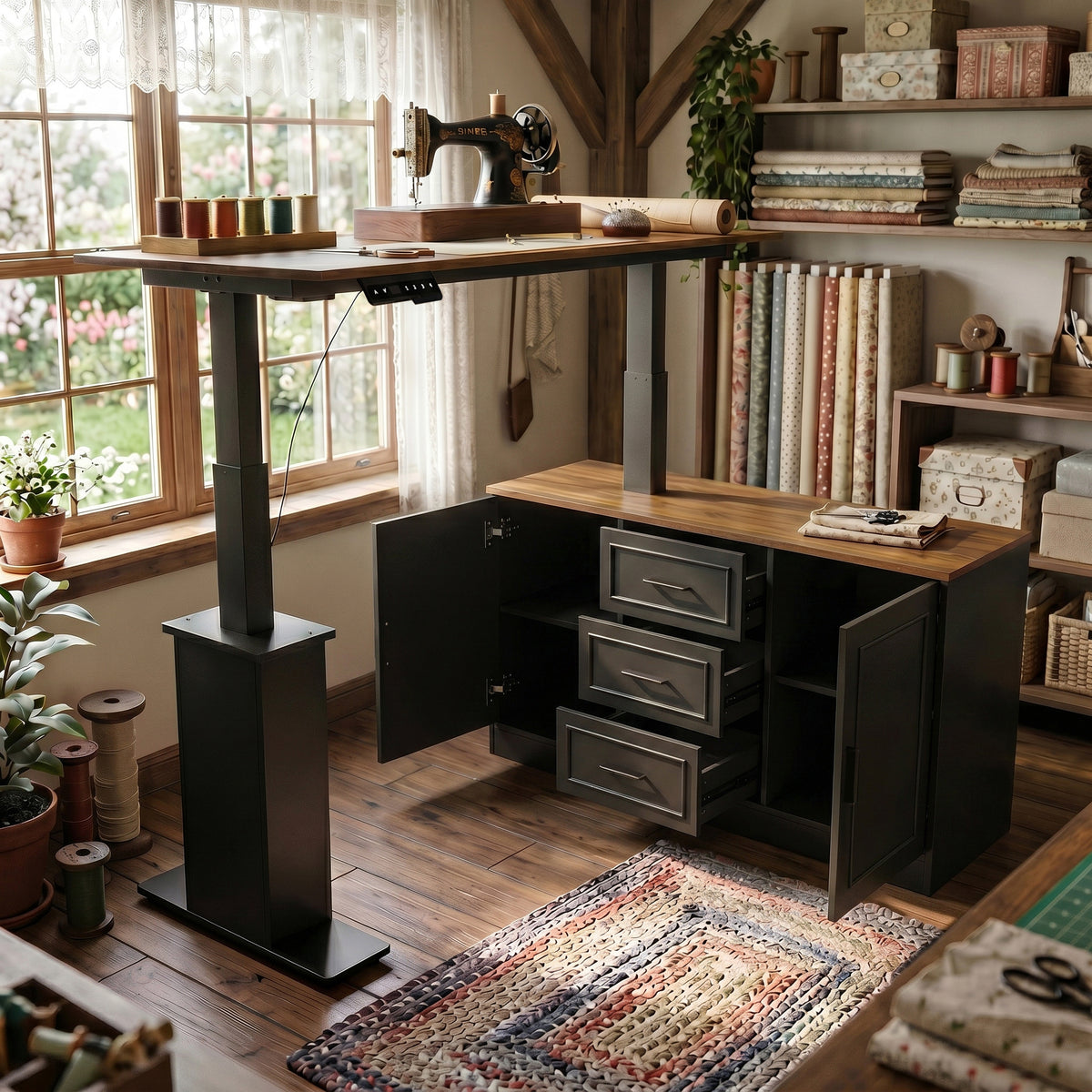 55.1" Rustic Wood L-Shaped Electric Height Adjustable Standing Desk with 3 Drawers and Side Storage Cabinet
