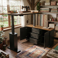 55.1" Rustic Wood L-Shaped Electric Height Adjustable Standing Desk with 3 Drawers and Side Storage Cabinet