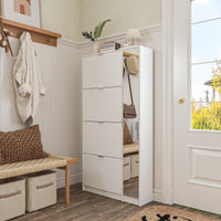 31.5" Modern White Flip-Down Shoe Cabinet with 3 Tiers & 28 Pair Capacity