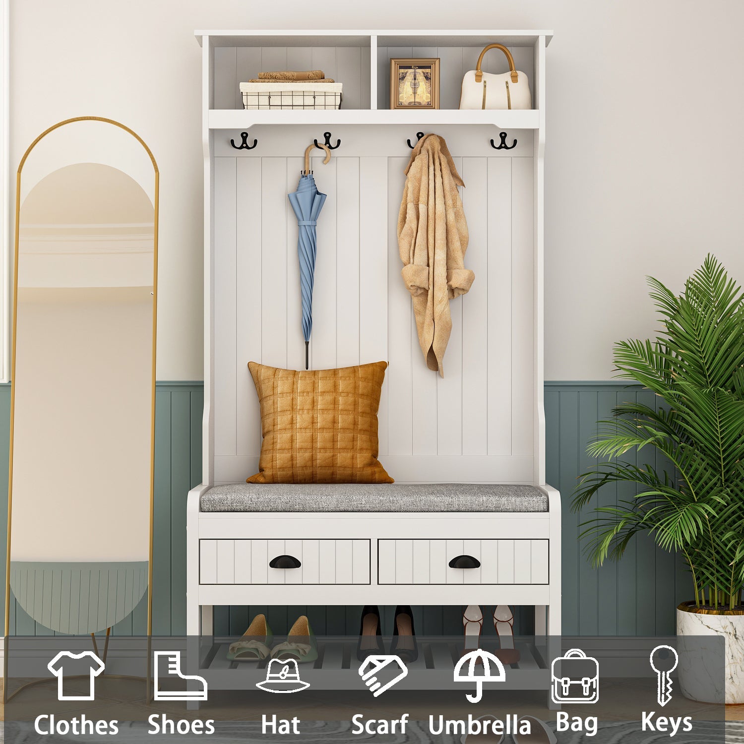 Modern Hall Tree with Storage Bench, 4-in-1 Entryway Bench with Coat Rack, Tall Hall Tree with 4 Metal Double Hooks, Shelves & 2 Drawers for Hallway, Living Room