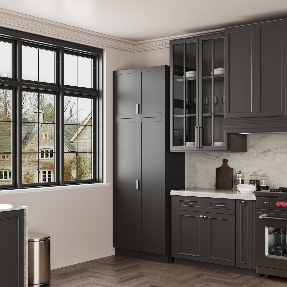 90.6" Tall Black Kitchen Pantry Cabinet with 4 Doors and Adjustable Shelves