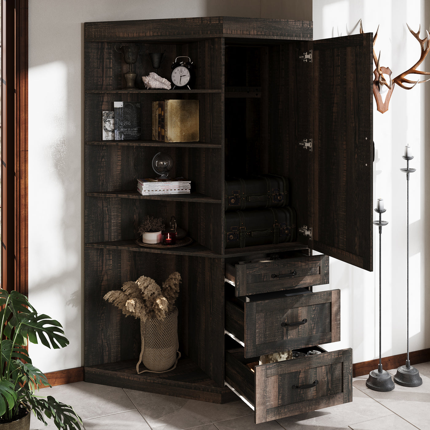 39.3" Trapezoid Brown Bookcase Storage Cabinet with 5-Tier Shelves