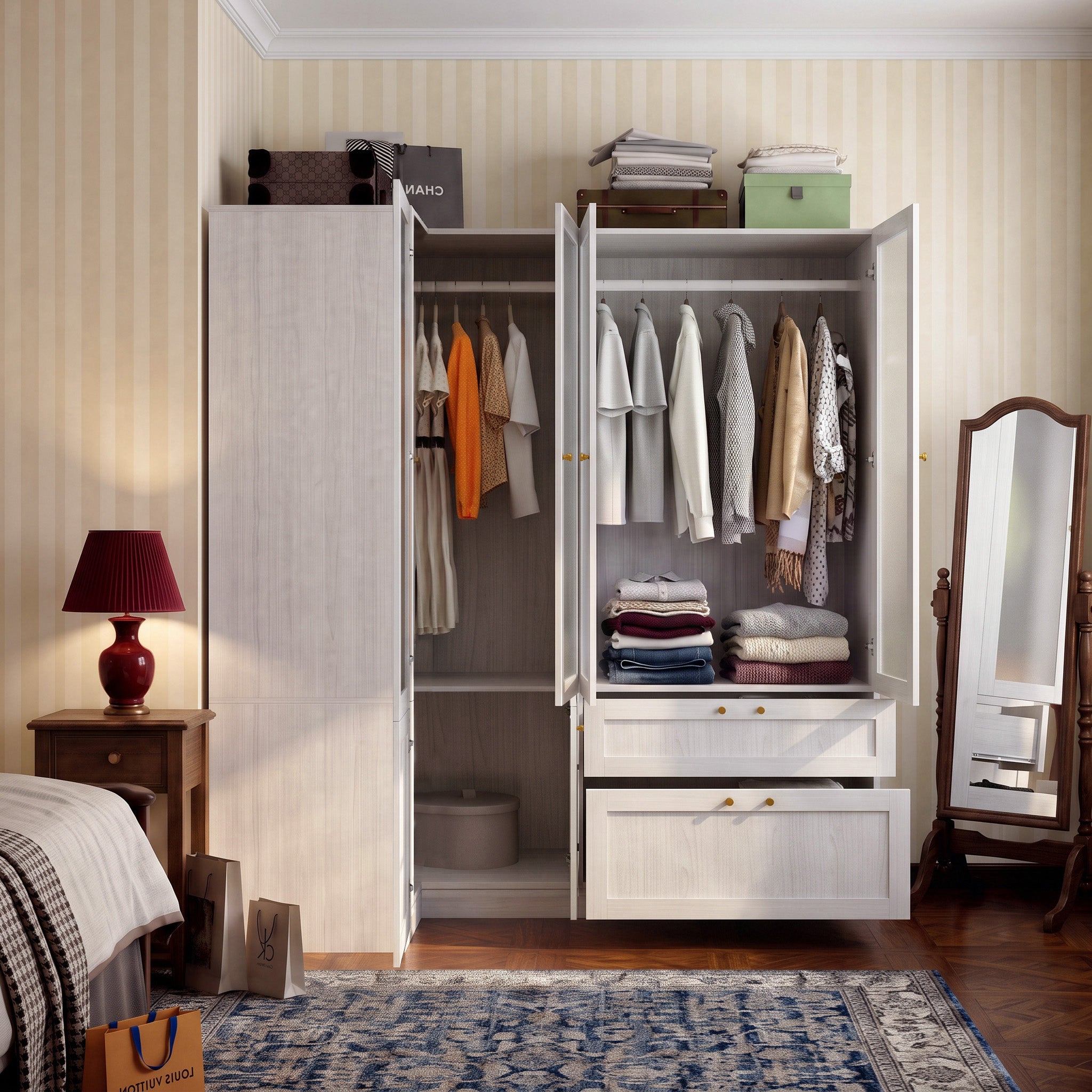 66.9" Modern Corner Wardrobe with Frosted Glass Doors and Gold Hardware