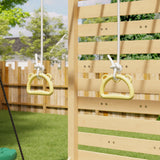 Wooden play structure with yellow monkey bars in a backyard setting