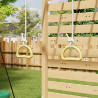 Wooden play structure with yellow monkey bars in a backyard setting