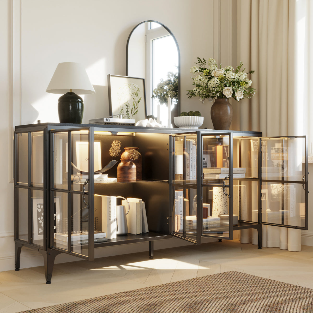 63" Modern Brown Sideboard Buffet Cabinet with 4 Doors and Gold Accents
